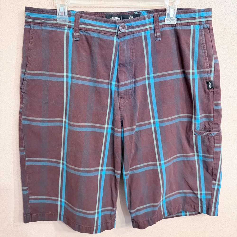 Vans Off The Wall Mens Plaid Shorts Burgundy/Teal/Blue Cotton Size 36 Skateboard